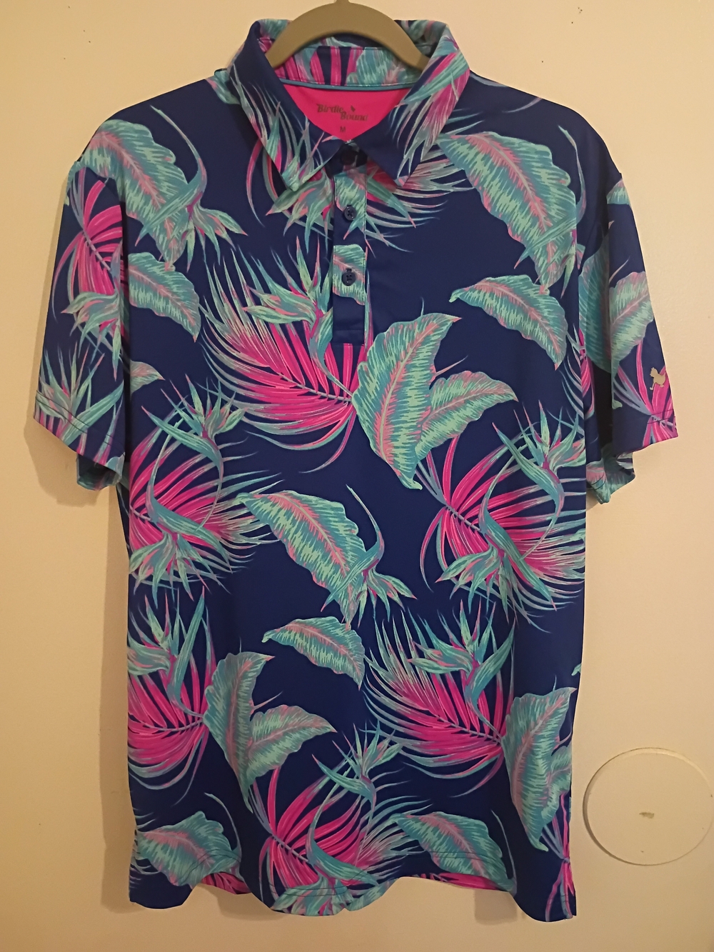 Men's Tropical Leaf Golf Polo Shirt - Navy with Pink & Teal Sz M